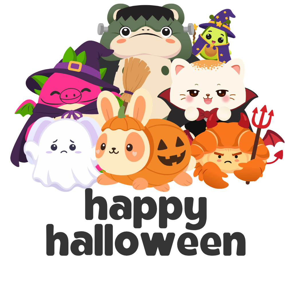 six but cute characters in Halloween costumes with happy halloween lettering